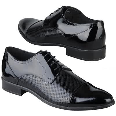 Черные лаковые мужские туфли из натуральной кожи на шнурках B-3678-lakier-czarny