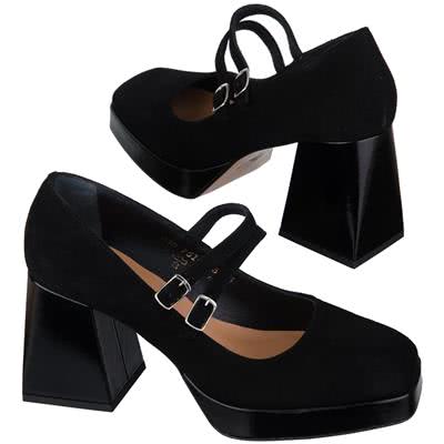 Шикарные черные замшевые женские туфли на толстом устойчивом каблуке 8.5 см MC-7516/496/106 NERO WEL+HORON