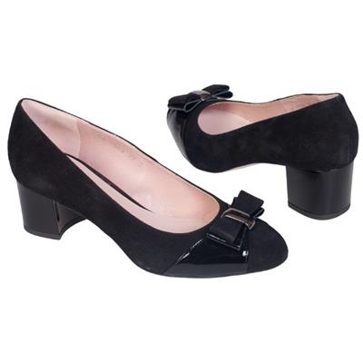 Замшевые черные женские туфли с закругленными мысами на каблуке 5 см AN-3569 czarny zamsz/lak/nikiel