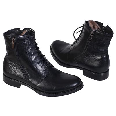 Черные мужские полуботинки зимние на натуральном меху со шнуровкой и молнией C-X-3514K_68