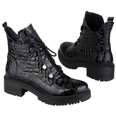 Шикарные черные высокие женские ботинки с лаковыми вставками на толстой подошве Ne-20748 czarny BB