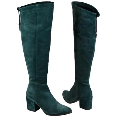 Зеленые замшевые женские ботфорты на толстом устойчивом каблуке 7.5 см Ne-65719 zielony W5