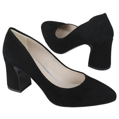 Замшевые женские туфли черного цвета на тостом устойчивом каблуке 7.5 см B-0491-02