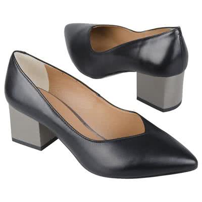 Черные кожаные женские туфли с v-образным вырезом на толстом квадратном каблуке 5.5 см B-0324-01