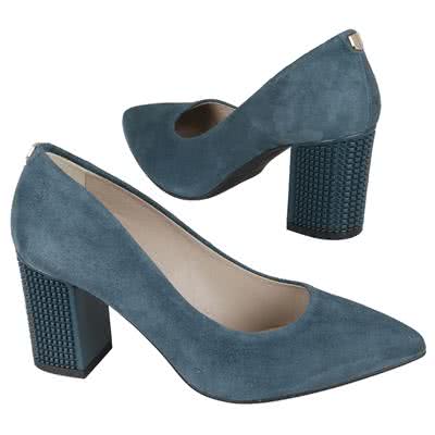 Стильные женские туфли бирюзового цвета из натуральной замши на каблуке 7.5 см B-0706-0190