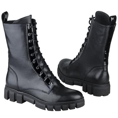 Черные женские высоки ботинки на шнуровке утепленные байкой на каблуке 4 см MC-2772MAR/.IA BUF NERO+LR11 KOC