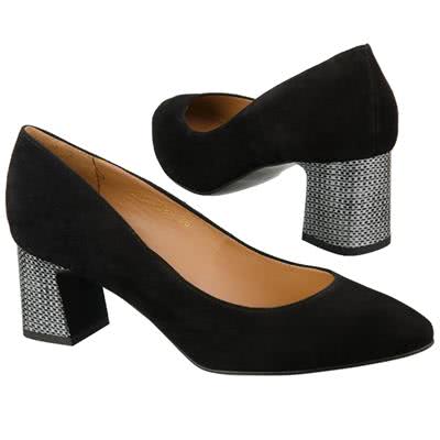 Модные женские туфли черного цвета из натуральной замши на каблуке 6 см AN-3780 czarny zamsz