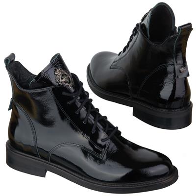 Черные женские ботинки из натуральной лаковой кожи с молнией и шнуровкой NS-62819 czarny 711