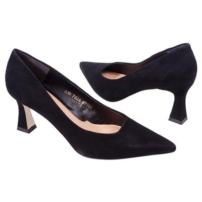 Красивые черные замшевые женские туфли на модном каблуке 7616/498/330 NERO WEL