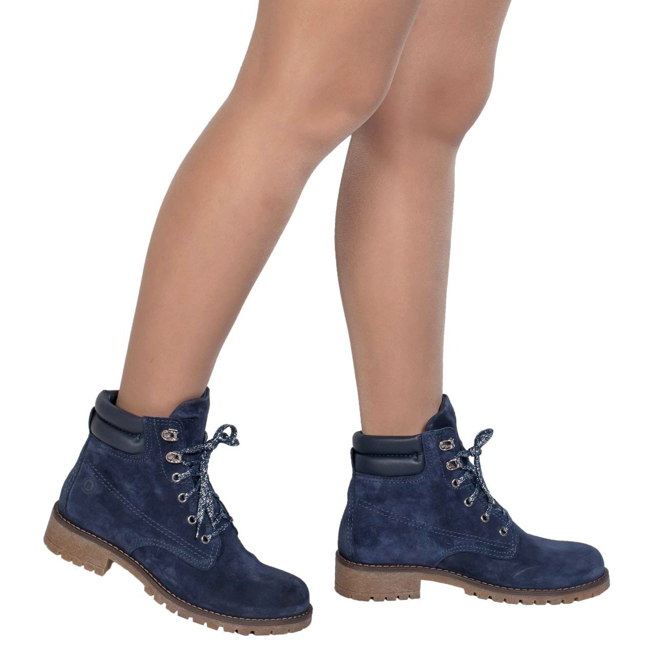 Женские высокие синие ботинки в стиле милитари со шнуровкой на шерсти винтернет магазине Kwinto